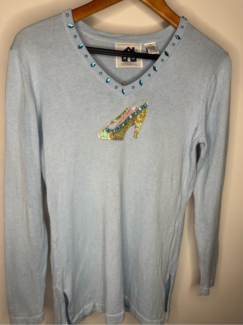 Vintage Storybook Knits Cinderella and Frog Prince Sequin Light Blue Sweater XS